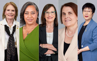 From left to right, Professor Barbara Finlayson-Pitts, Professor Priscilla Baker, Professor María Teresa Dova, Professor Claudia Felser and Professor Xiaoyun Wang